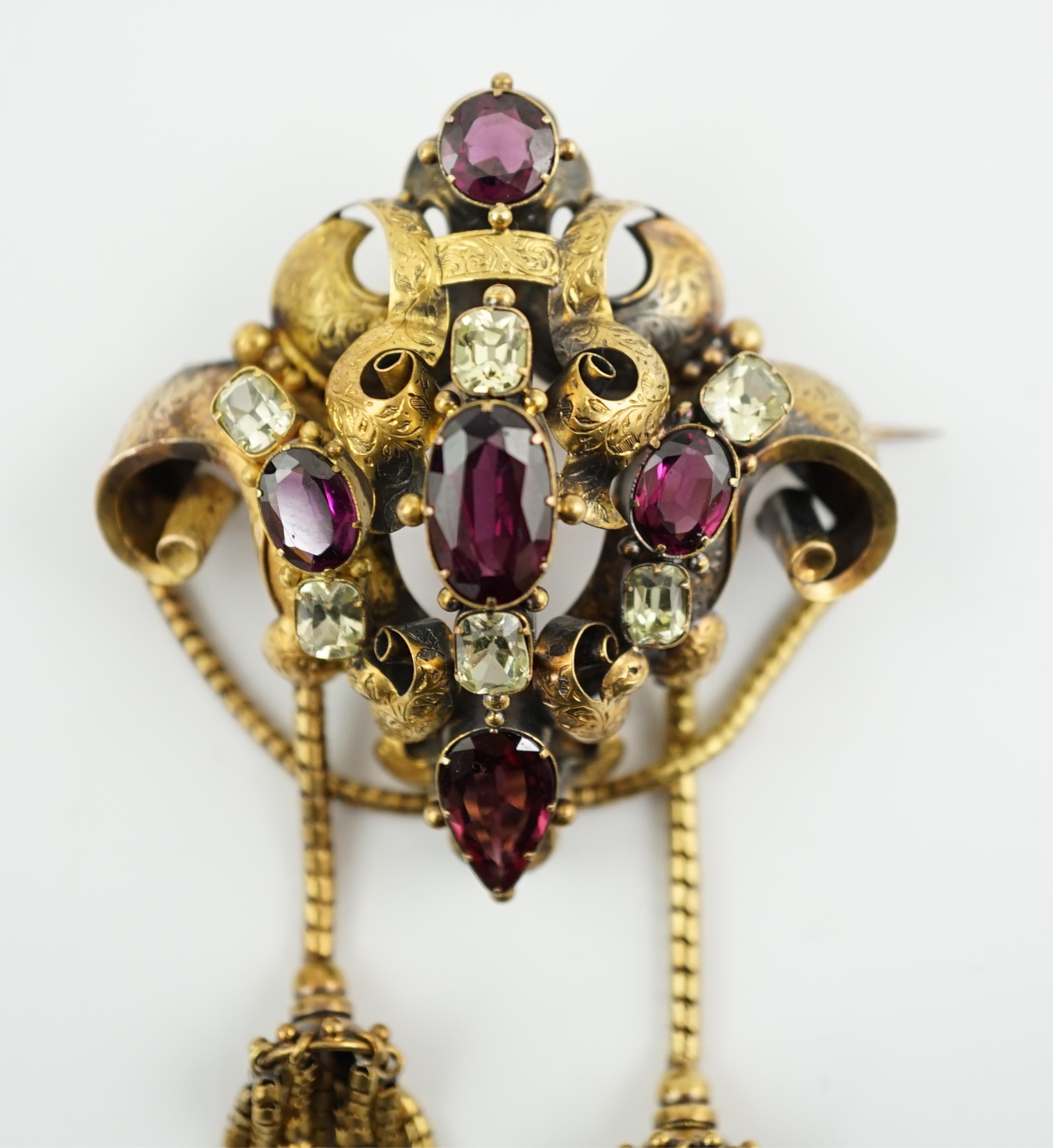 A Victorian gold, garnet and chrysoberyl? cluster set drop tassel brooch